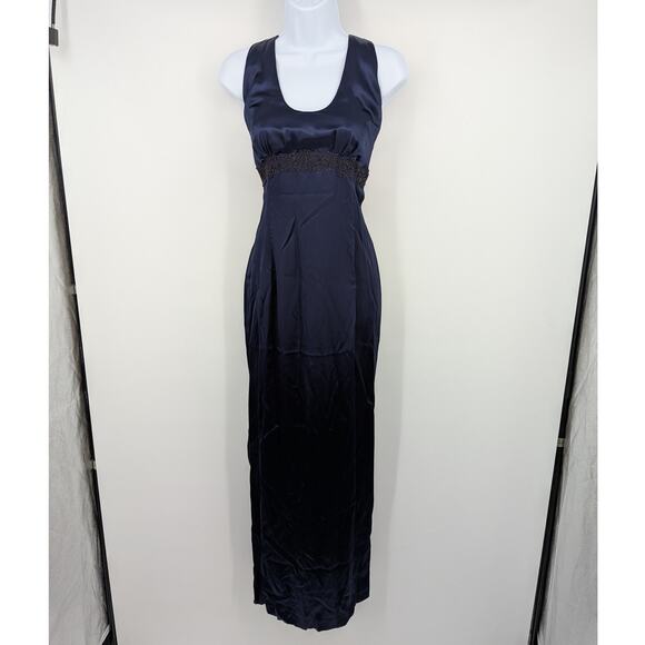 Navy Satin Beaded Halter Evening Gown Open Back Formal Maxi Dress Size 6 - Picture 2 of 9